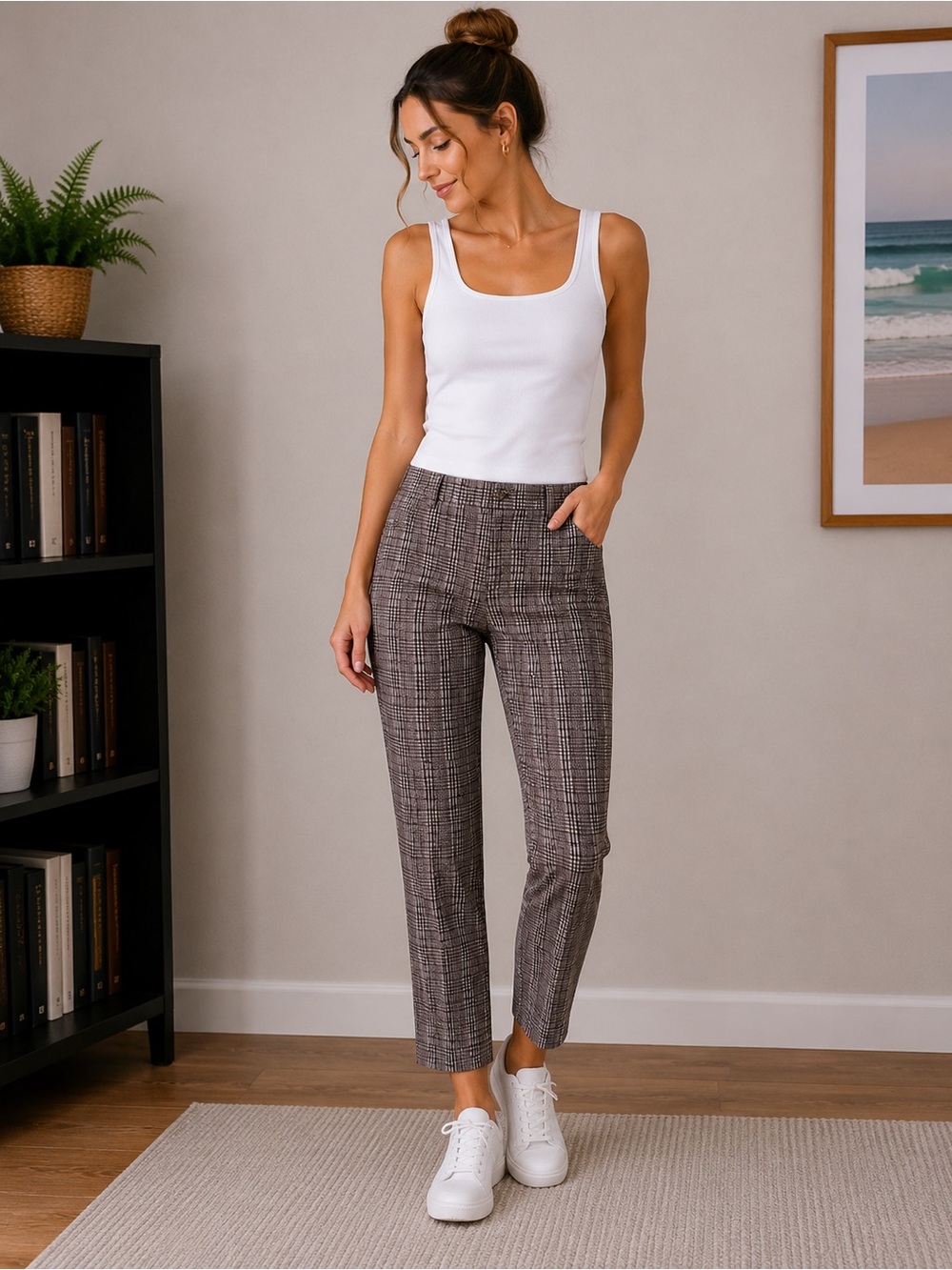 Amanda + Chelsea Plaid Ankle Dress Pants Size 8 Brown Black Stretch